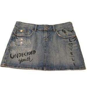Z Cavaricci Mini Denim Skirt Y2K Style Embellished Skull Size 9